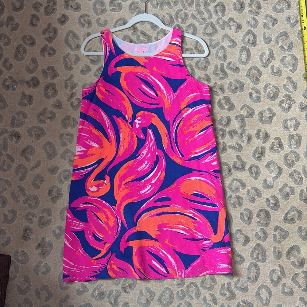 Lilly Pulitzer Plume Bloom 100%Silk Jackie Shift Dress Small EUC blue sleeveless